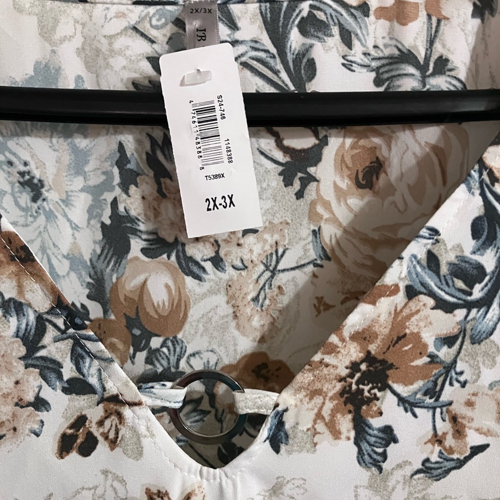 Floral V-Neck Blouse - Cream and Blue